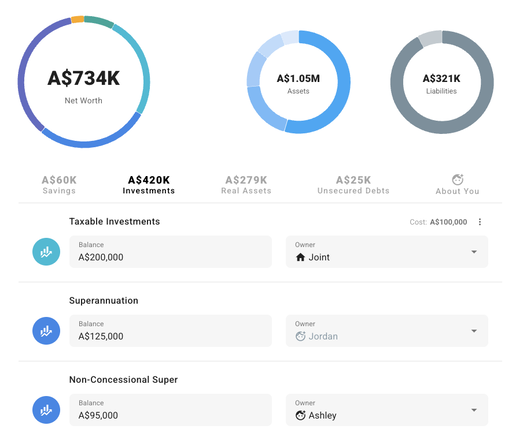 Financial planning software for modeling your current savings, investments, real assets, and debt