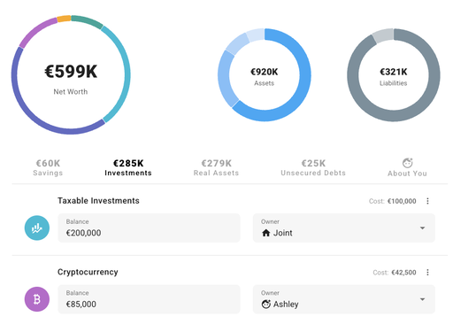 Financial planning software for modeling your current savings, investments, real assets, and debt