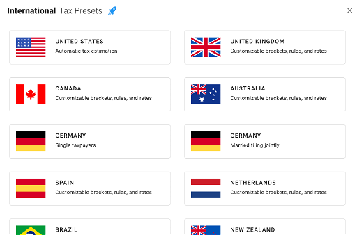 International tax configuration presets for the UK, Canada, Australia, Germany, Spain, and the Netherlands