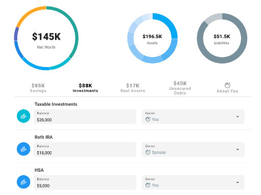 User interface for modeling your current savings, investments, real assets, and debt