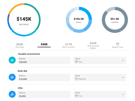 Financial planning software for modeling your current savings, investments, real assets, and debt