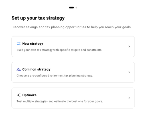 Tax strategy configuration screen showing options to target a federal bracket, IRMAA cliff, ACA subsidy limit, or custom income threshold