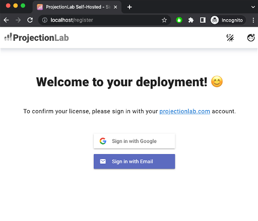 Welcome screen for the self-hosted version of ProjectionLab