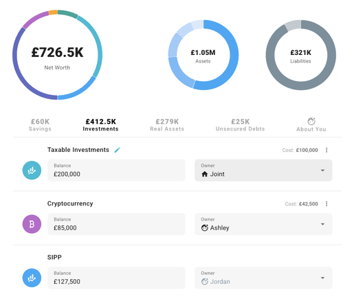 Financial planning software for modeling your current savings, investments, real assets, and debt
