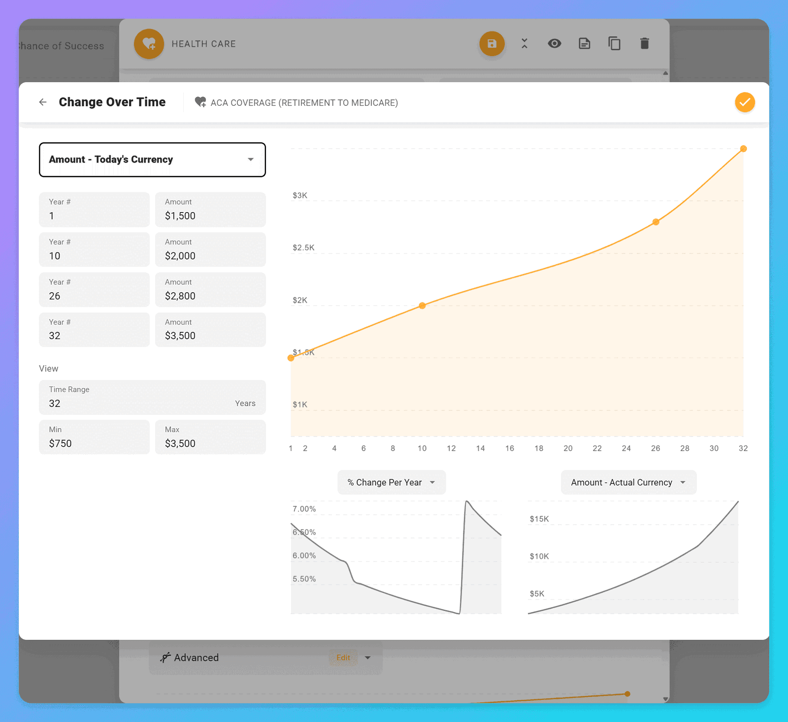 Change Over Time selector set to Advanced, with the control-point editor expanded