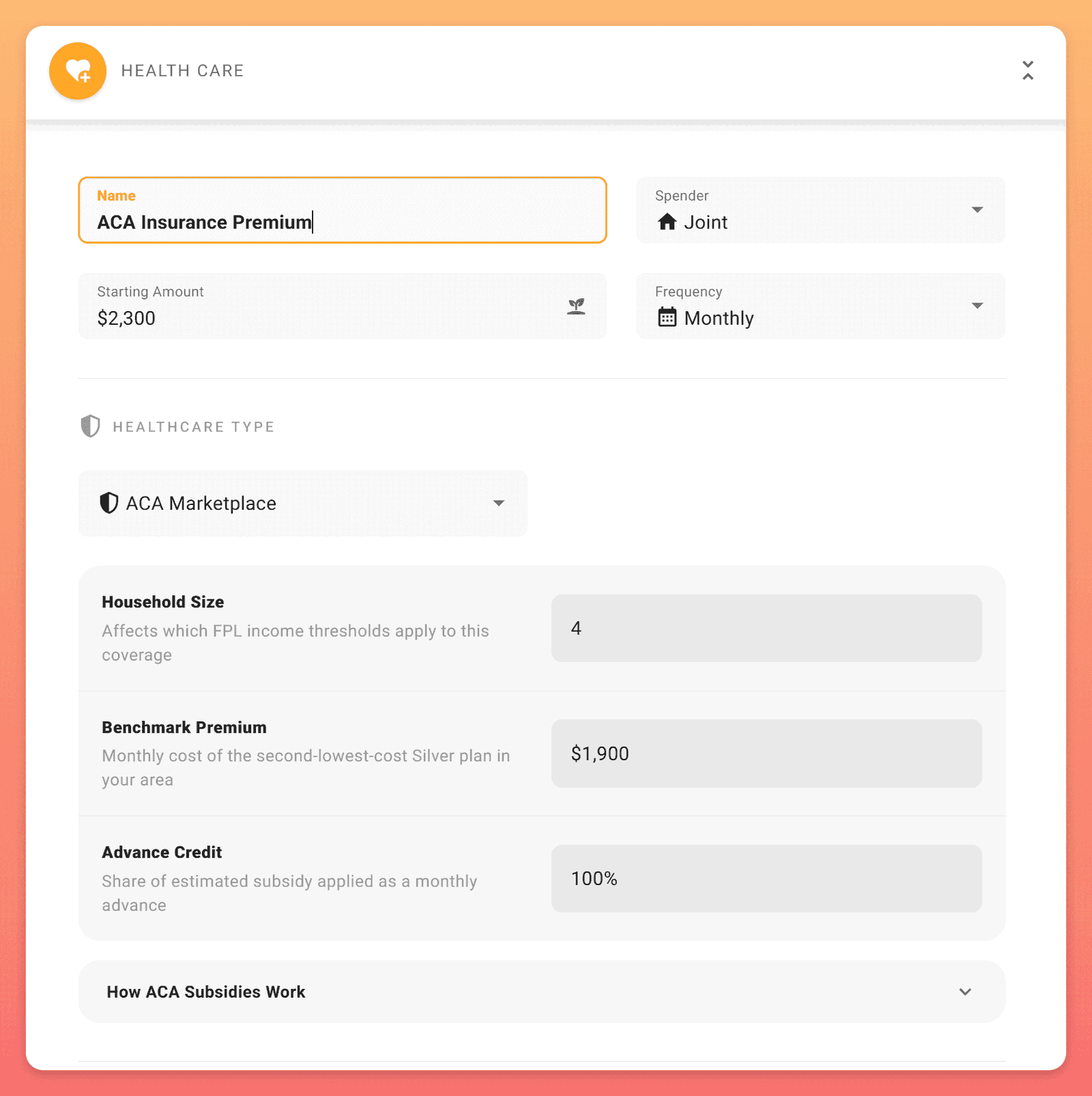 Health Care expense form with ACA Marketplace selected, showing the Household Size, Benchmark Premium, and Advance Credit fields below.