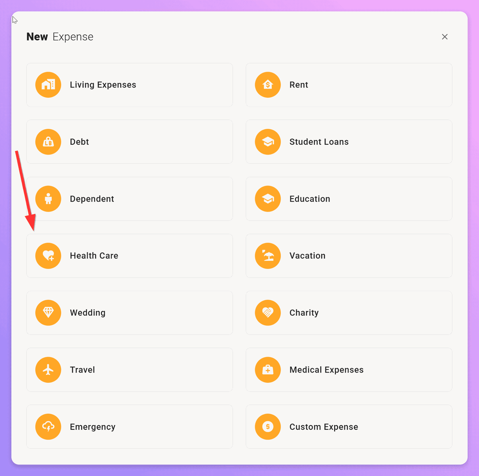 New Expense dialog with a red arrow pointing to the Health Care category